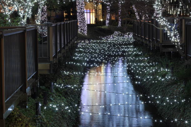 Light arches over water feature