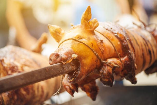 maiale arrosto allo spiedo - spit roasted barbecue grill barbecue pork foto e immagini stock