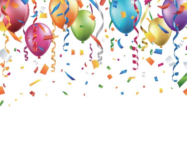 красочные воздушные шары, конфетти и растяжки на белом фоне - confetti balloon white background isolated stock illustrations