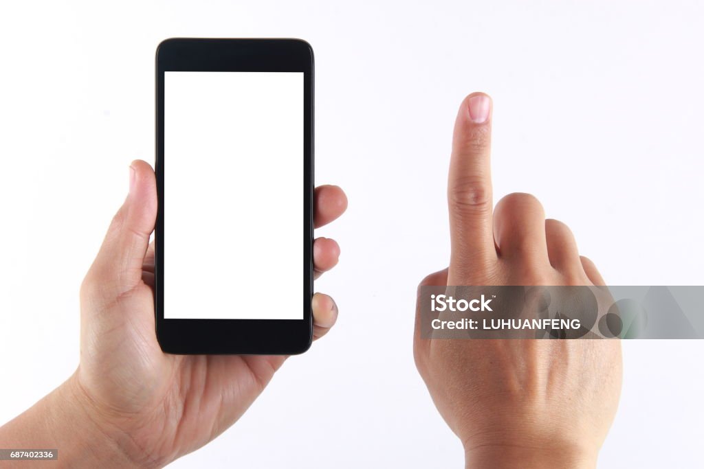 Hand holding blank mobile phone Men Stock Photo