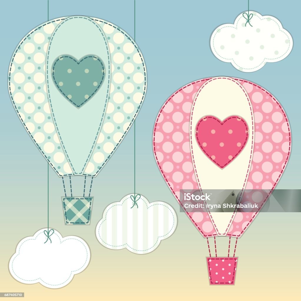 Cute hot air balloons as retro fabric applique in shabby chic style Cute hot air balloons as retro fabric applique in shabby chic style for your decoration Baby - Human Age stock vector