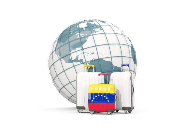 istock Luggage with flag of venezuela. Three bags in front of globe 687405910