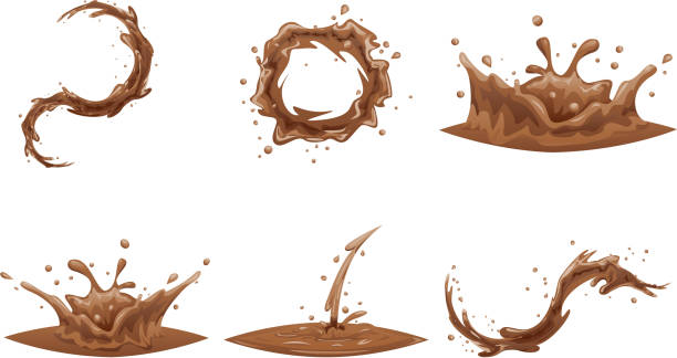 チョコレートの流れるスプラッシュ ドロップ波渦渦漫画アイコン設定分離デザイン ベクトル図 - splashing water wave drop点のイラスト素材／クリップアート素材／マンガ素材／アイコン素材