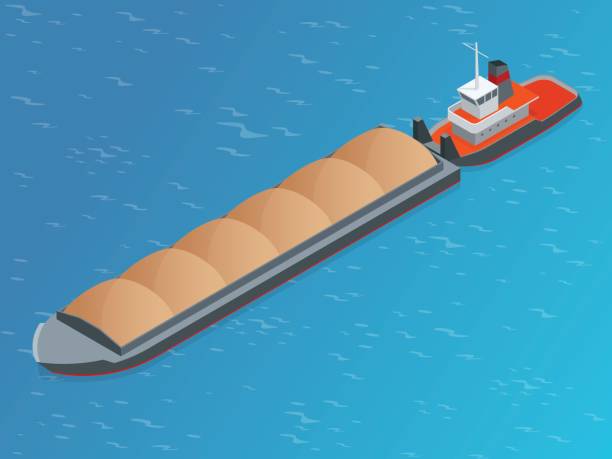 illustrazioni stock, clip art, cartoni animati e icone di tendenza di chiatta isometrica su un fiume. nave molto grande. commercio containerizzato, rinfusa liquida e spedizione alla rinfusa secca. spedizione internazionale. - narrow boat