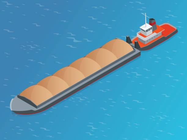 Isometric Barge on a River. Very large ship. Containerized trade, liquid bulk and dry bulk shipping. International shipping. Isometric Barge on a River. Very large ship. Containerized trade, liquid bulk and dry bulk shipping. International shipping barge stock illustrations
