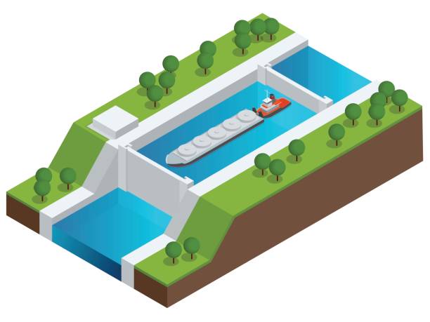 Isometric Barge on a River. Very large ship. Containerized trade, liquid bulk and dry bulk shipping. International shipping. Isometric Barge on a River. Very large ship. Containerized trade, liquid bulk and dry bulk shipping. International shipping Canal stock illustrations