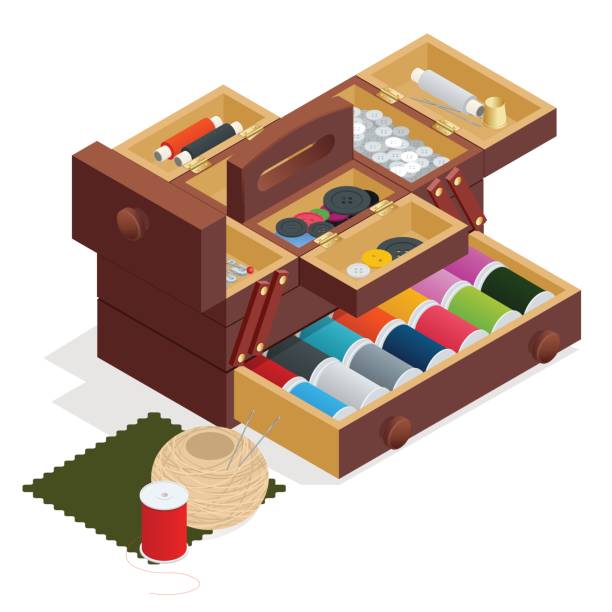 ilustraciones, imágenes clip art, dibujos animados e iconos de stock de isométrica kit de costura en caja de madera, aislado en fondo blanco - sewing box