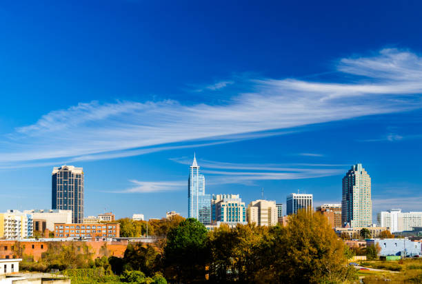 istock Raleigh Skyline during Autumn With Beautiful Wispy Clouds And Blue Sky 687422810