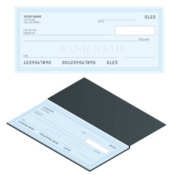 Bank Check with Modern Design. Flat illustration. Cheque book on colored background. Bank check with pen. Concept illustration pay, payment, buy. Bank Check with Modern Design. Flat illustration. Cheque book on colored background. Bank check with pen. Concept illustration pay, payment, buy banking borders stock illustrations