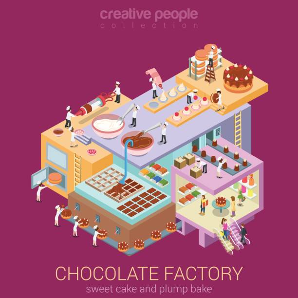 illustrazioni stock, clip art, cartoni animati e icone di tendenza di flat 3d isometrico astratto fabbrica di cioccolato costruzione pavimenti interni dipartimenti concetto vettore. laboratorio dolciario pasticceria torta pasticcera crema brownie pie. collezione di uomini d'affari creativi. - 1849