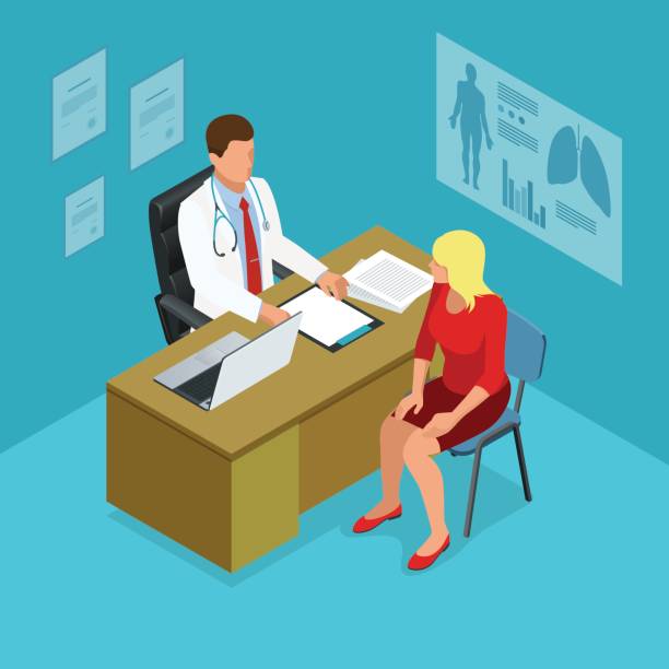 illustrazioni stock, clip art, cartoni animati e icone di tendenza di medico isometrico che mostra qualcosa di paziente su tablet pc in ospedale. medico maschio che parla con una paziente in ufficio medici. sanità, medicina e tecnologia. - ambulatorio medico