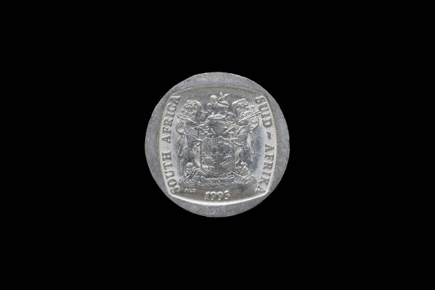 istock Five south african rand coin isolated on black background, year 1995. 687429404