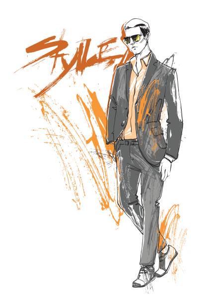 illustrazioni stock, clip art, cartoni animati e icone di tendenza di shopping vendita fashion collection stile modello uomo indossare abiti eleganti sconto sketch - modella