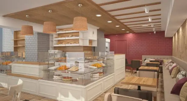 Photo of 3d rendering of a patisserie interior design