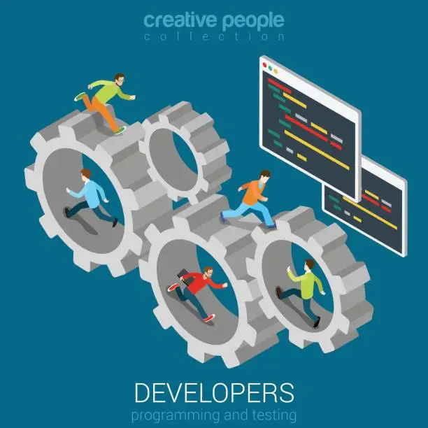 Vector illustration of Developers programmer coder teamwork cogwheel flat 3d web isometric infographic vector. Program code interface window and young men staff team memebers in gear connection. Creative people collection.