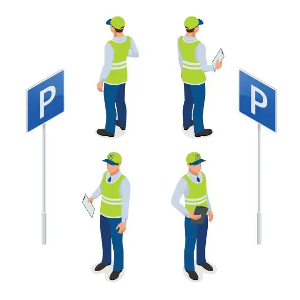 Vector illustration of Isometric Parking Attendant. Traffic warden, getting parking ticket or parking ticket fine mandate. Flat 3d illustration