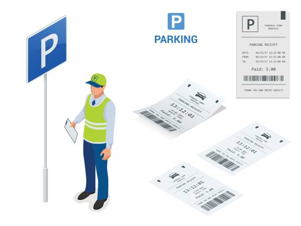 ilustrações de stock, clip art, desenhos animados e ícones de isometric parking attendant. parking ticket machines and barrier gate arm operators are installed at the entrance and exit of parking area as tools to charge parking fee. - speeding ticket