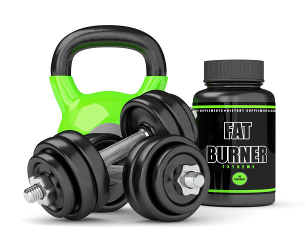 istock 3d render of fat burner with dumbbells and kettlebell 687435438