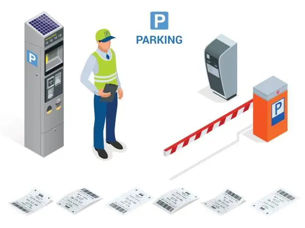 Vector illustration of Isometric Parking Attendant. Parking ticket machines and barrier gate arm operators are installed at the entrance and exit of parking area as tools to charge parking fee.