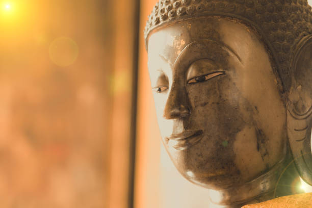 istock close up face on buddha head statue with Bokeh background 687442496