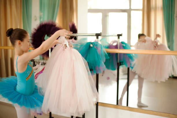 istock Little ballet dancer chose a dress for performance 687447524
