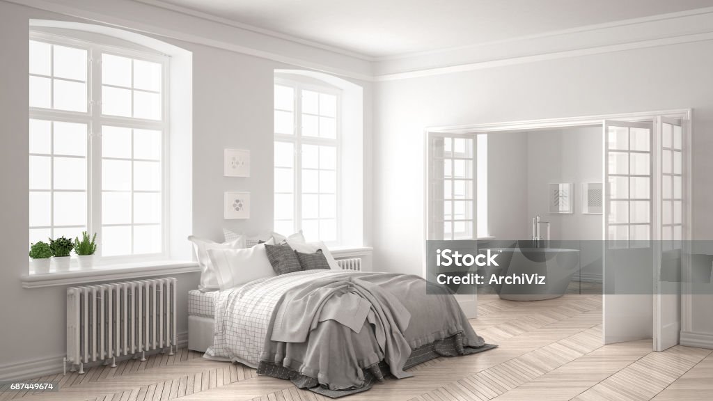 Minimalist scandinavian white bedroom with bathroom in the background, classic white interior design Herringbone Stock Photo