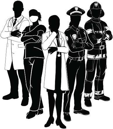 Silhouette emergency rescue services worker team with male and female police, fireman and doctors