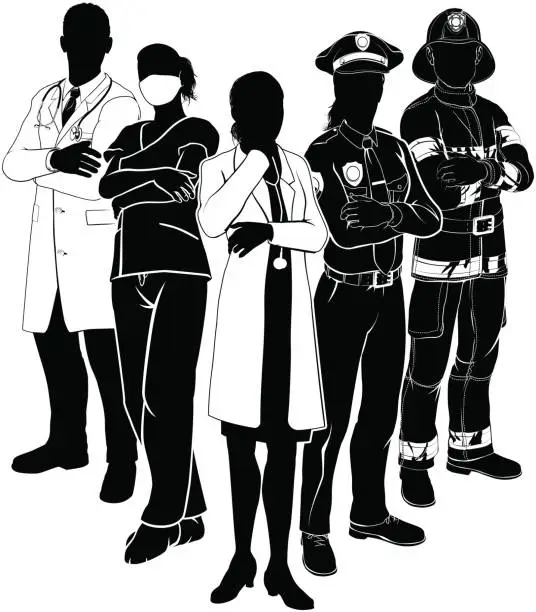 Vector illustration of Police Fire Doctor Emergency Team Silhouettes