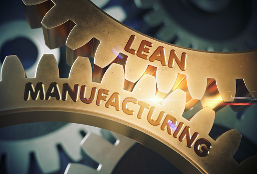 Lean Manufacturing - Illustration with Lens Flare. Golden Metallic Gears with Lean Manufacturing Concept. 3D Rendering.