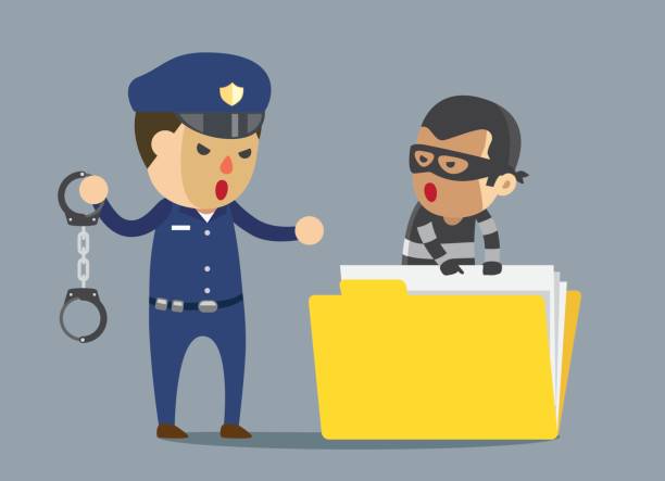 ilustrações, clipart, desenhos animados e ícones de guarda de segurança prender bandido com algema de quais dados de negócio de roubo. - violence police catching stealing