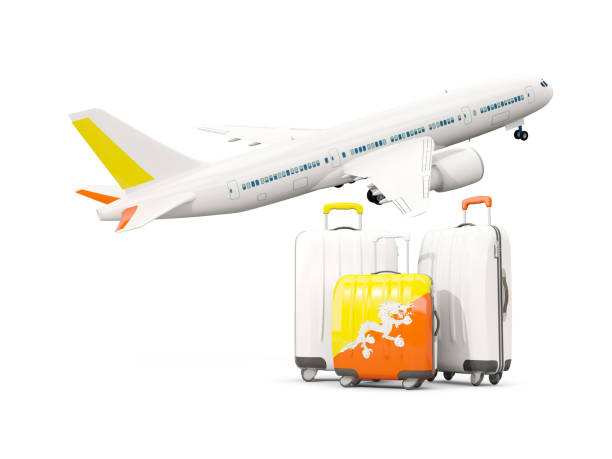 istock Luggage with flag of bhutan. Three bags with airplane 687465330