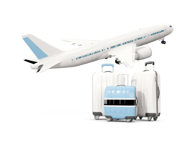 istock Luggage with flag of botswana. Three bags with airplane 687467906