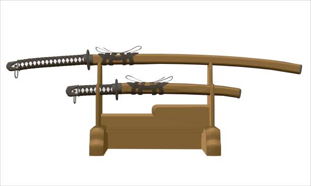 Katana Vector illustration of two katana. Swords lie on a special rack. Collection sample. 3D style. EPS 8. ancient chinese weapons stock illustrations