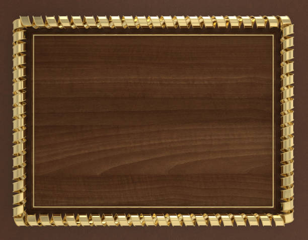 istock Blank wooden frame and border trimmed with gold ribbon. 3d illustration 687472224