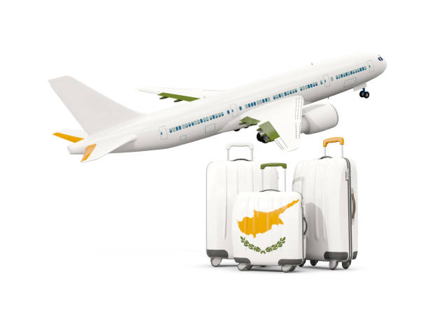 ilustrações de stock, clip art, desenhos animados e ícones de luggage with flag of cyprus. three bags with airplane - suitcase flag national flag isolated on white