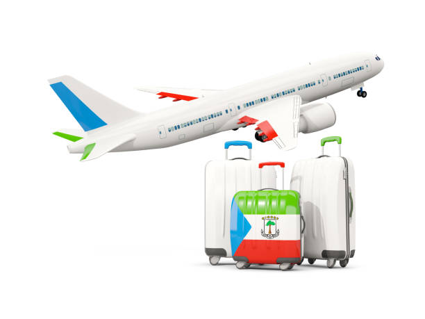 istock Luggage with flag of equatorial guinea. Three bags with airplane 687475542