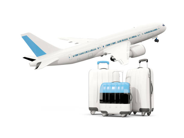 istock Luggage with flag of estonia. Three bags with airplane 687475650
