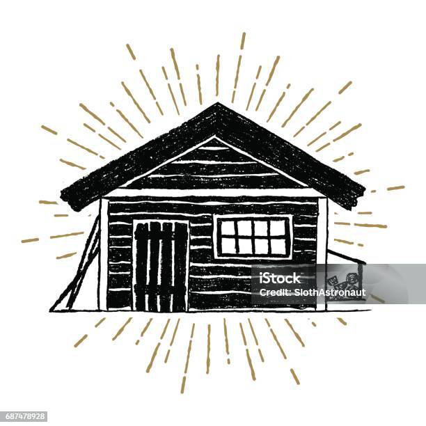 Hand Drawn Icon With A Textured Wooden Cabin Vector Illustration Stock Illustration - Download Image Now