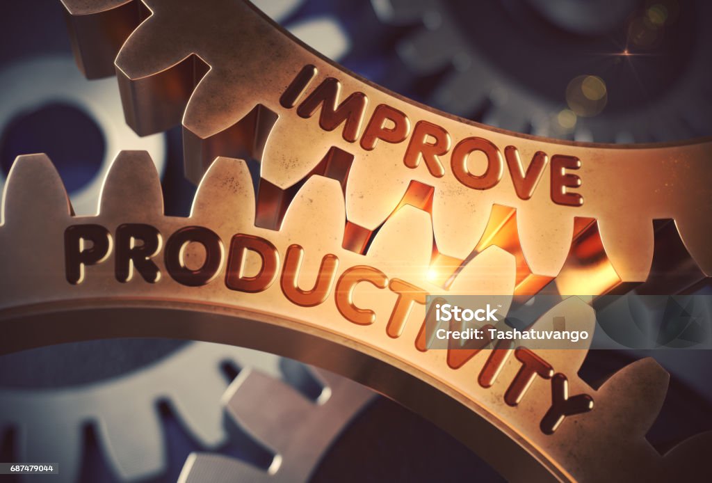 Improve Productivity on the Golden Gears. 3D Illustration Improve Productivity Golden Cogwheels. Golden Metallic Gears with Improve Productivity Concept. 3D Rendering. Efficiency Stock Photo