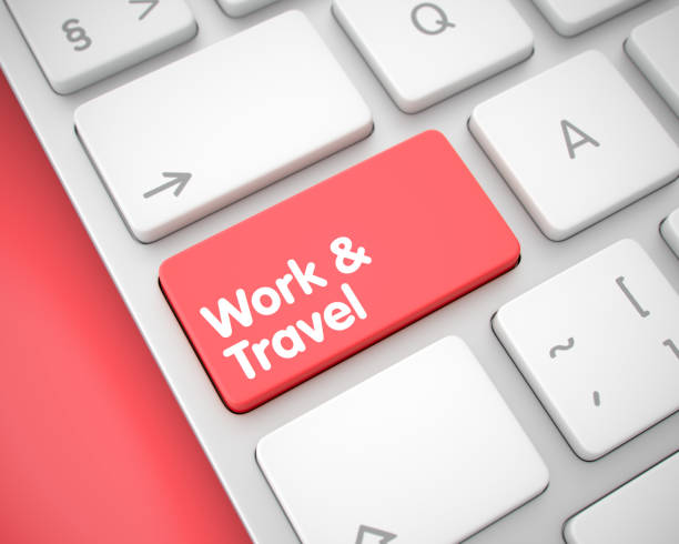 istock Work And Travel - Message on the Red Keyboard Key. 3D 687479406