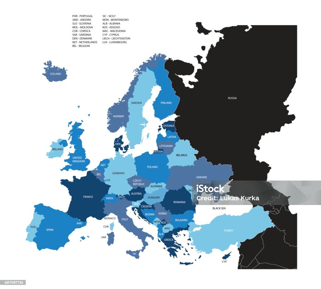 Map of Europe with name of the countrie and borders Europe stock vector