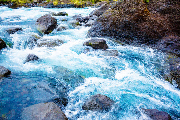 Fast steam of the blue mountain river with rocks