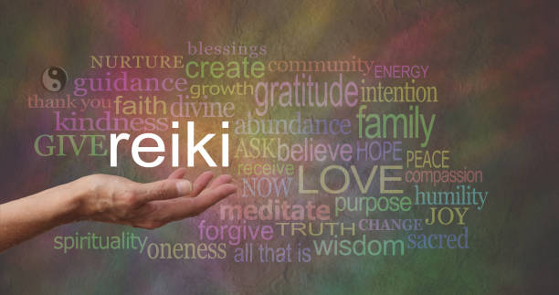 Reiki in the palm of your hand Word Cloud Female hand outstretched with the word REIKI floating above, surrounded by healing related words on a wide multi colored stone effect background reiki photos stock pictures, royalty-free photos & images