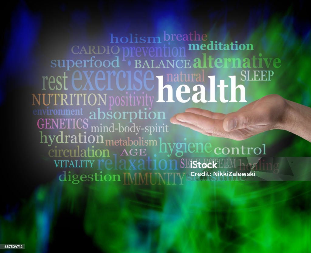 Health in the palm of your hand Male hand outstretched with the word 'Health' floating above, surrounded by a word cloud on a vibrant green and blue modern grunge background Alternative Medicine Stock Photo