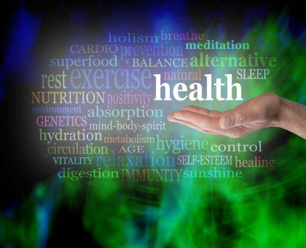 Health in the palm of your hand Male hand outstretched with the word 'Health' floating above, surrounded by a word cloud on a vibrant green and blue modern grunge background word cloud photos stock pictures, royalty-free photos & images