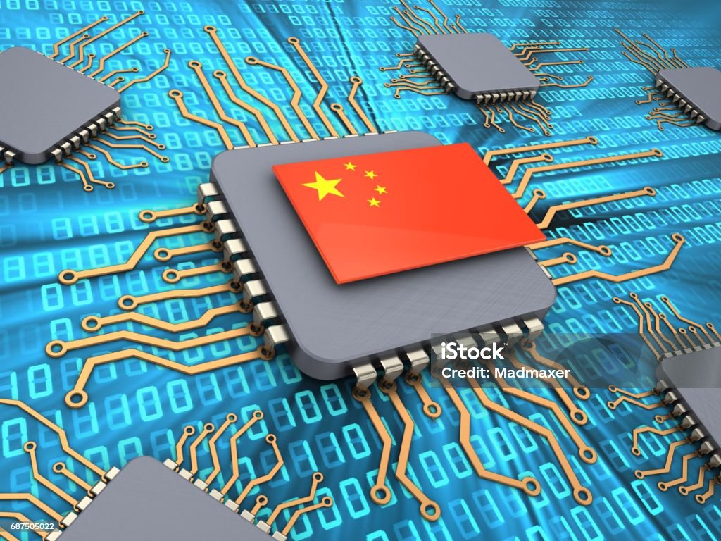 3d computer chips 3d illustration of computer chips over digital background with china flag China - East Asia Stock Photo