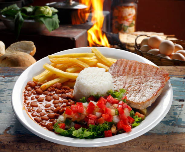 istock rice, beans, meat, chips and salad 687505114