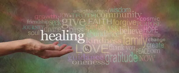 Wide softly colored stone effect banner with a female hand facing upwards surrounded by a word cloud relative to healing