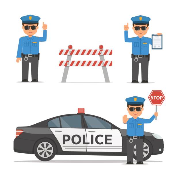 Policeman in uniform and police car. Cartoon set Stock Vector by