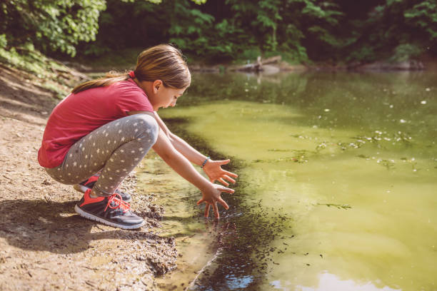 Girl squatting by the lake and catching tadpole
